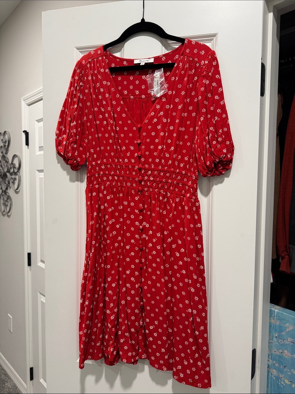 Madewell Red Floral Mini Dress with Puff Sleeves